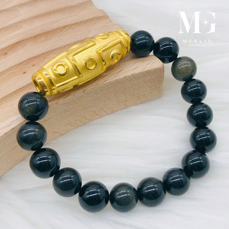999 Pure Gold Lucky Long Tube Paired With 10mm Obsidian Beads