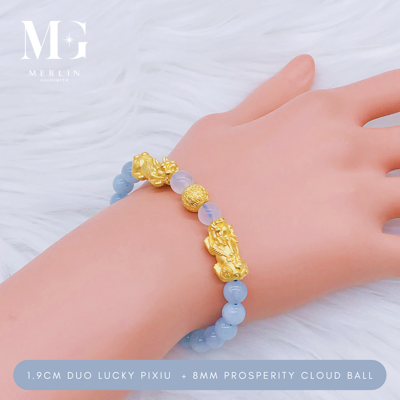 999 Pure Gold 1.9cm Duo Lucky Pixiu + 8mm Prosperity Cloud Ball Paired With 7mm Aquamarine & Moonstone Beads