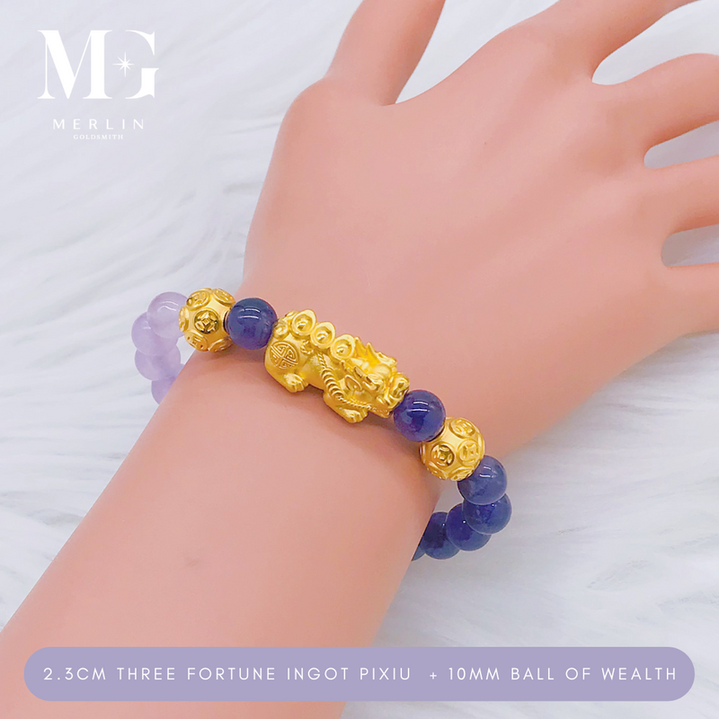 999 Pure Gold 2.3cm Three Fortune Ingot Pixiu + 10mm Ball Of Wealth Paired With 8mm Amethyst & Chalcedony Beads