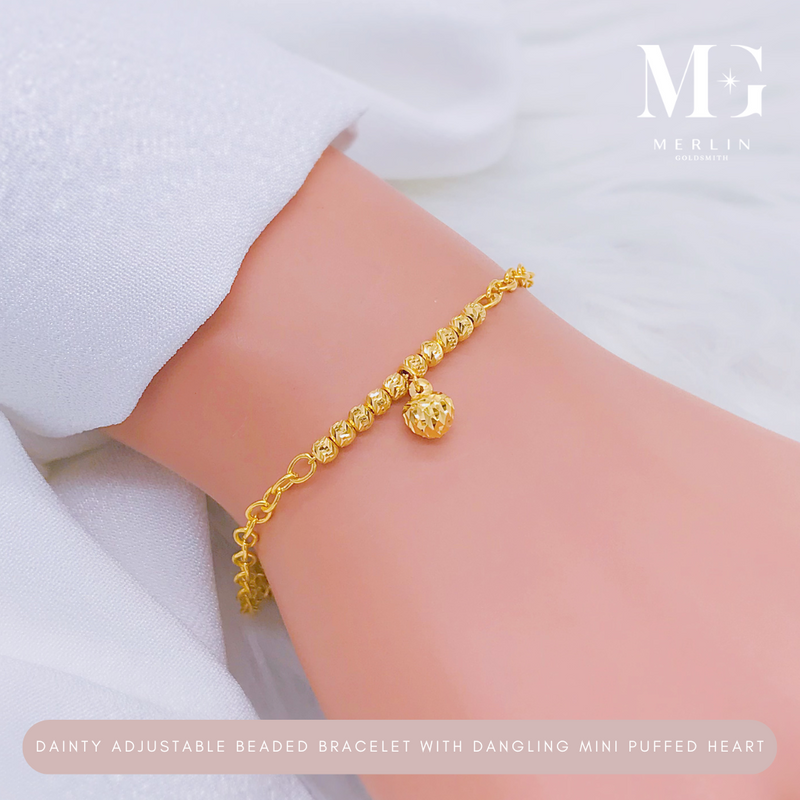 916 Gold Dainty Adjustable Beaded Bracelet with Dangling Mini Puffed Heart