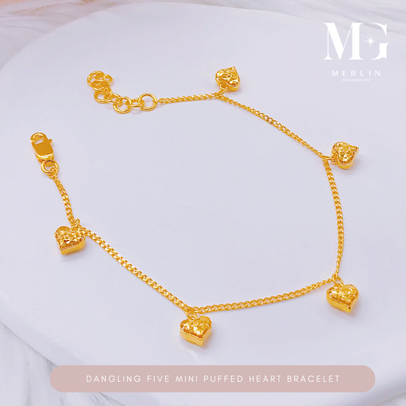 916 Gold Dangling Five Mini Puffed Heart Bracelet