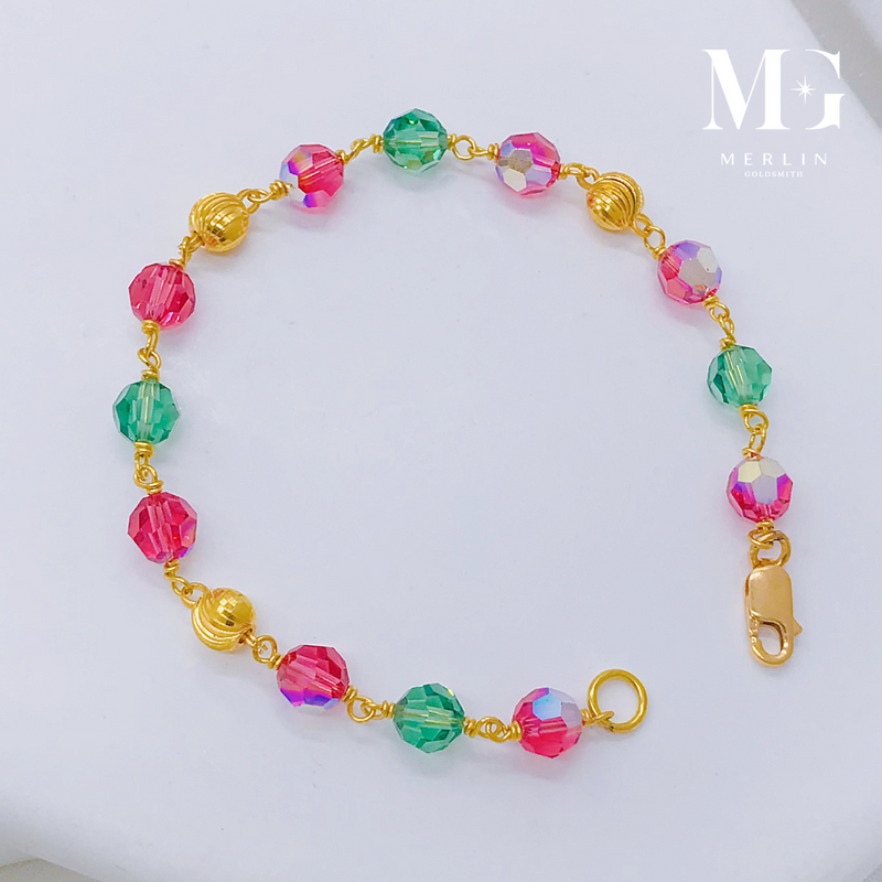 916 Gold Handmade (6mm) Green x Pink Crystal Bracelet
