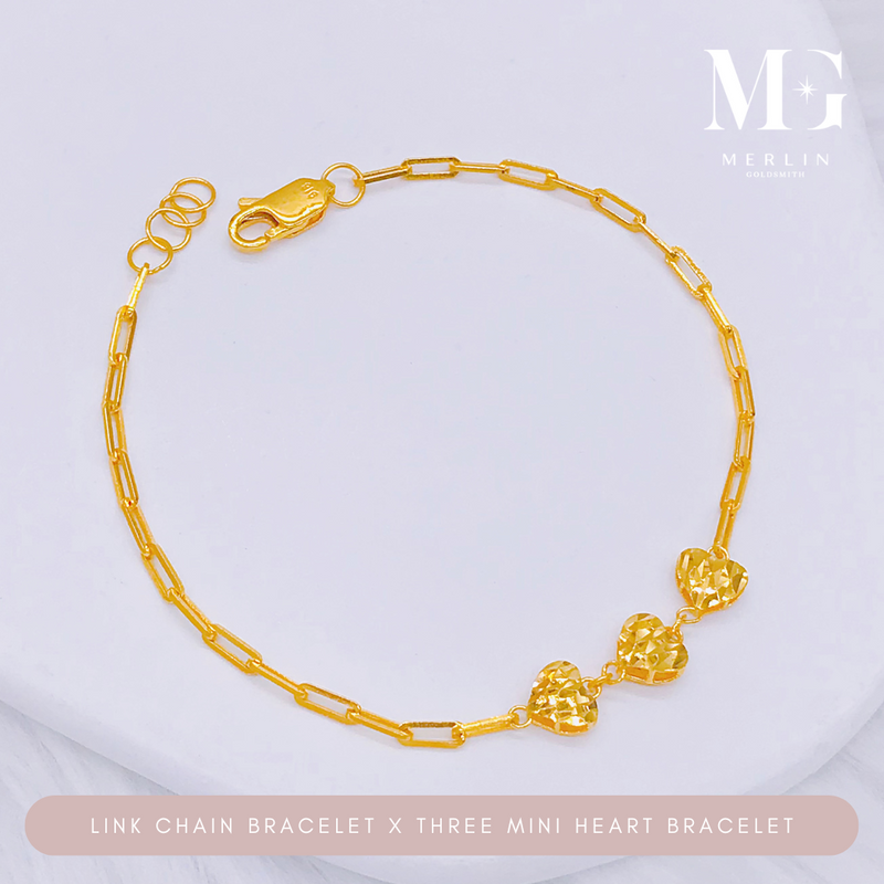 916 Gold Link Chain x Three Mini Glittering Heart Bracelet