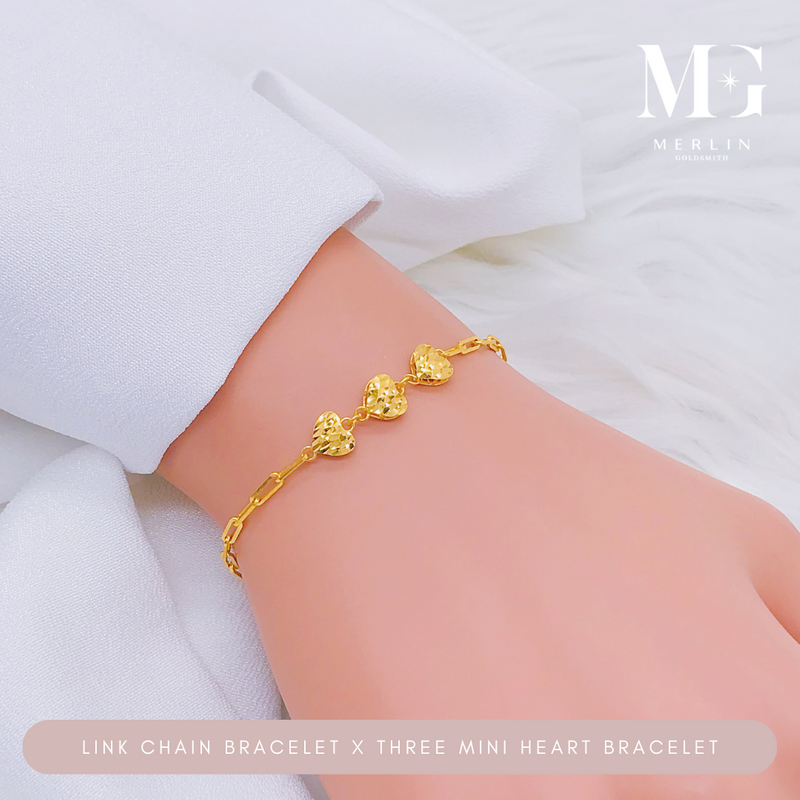 916 Gold Link Chain x Three Mini Glittering Heart Bracelet