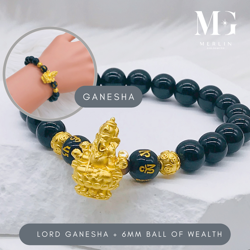 999 Pure Gold Lord Ganesha + 6mm Ball Of Wealth Paired With 8mm Black Agate & Mantra Beads