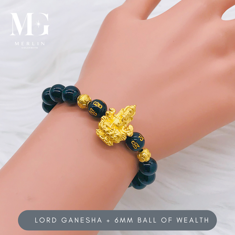 999 Pure Gold Lord Ganesha + 6mm Ball Of Wealth Paired With 8mm Black Agate & Mantra Beads