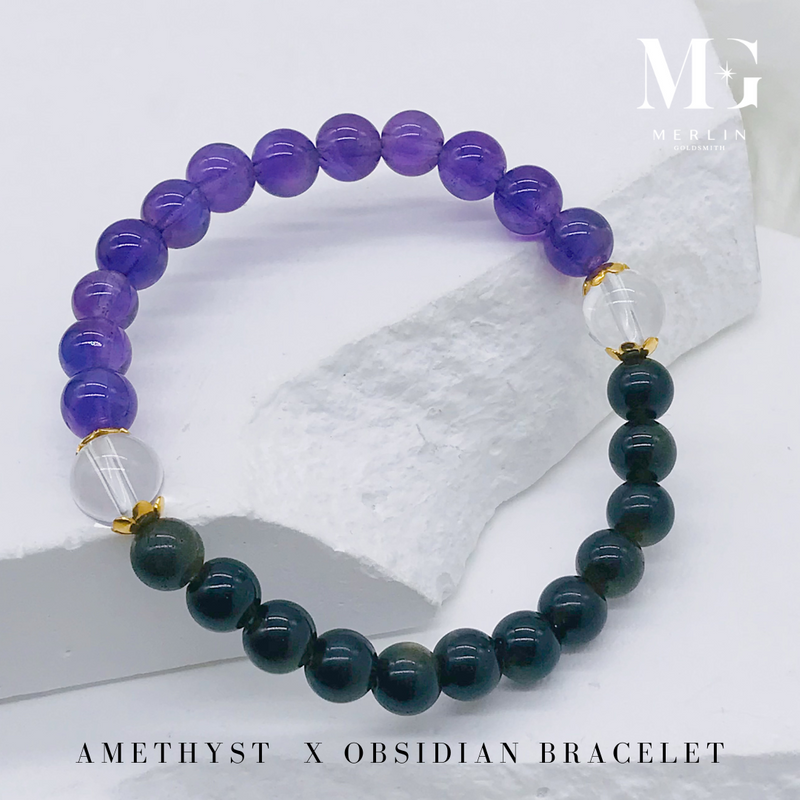 Amethyst x Obsidian Beads Bracelet With 916 Gold Caps