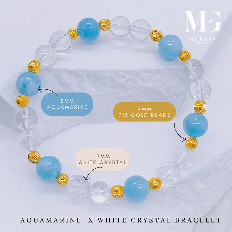 Aquamarine x White Crystal Beads Bracelet With 916 Gold Beads