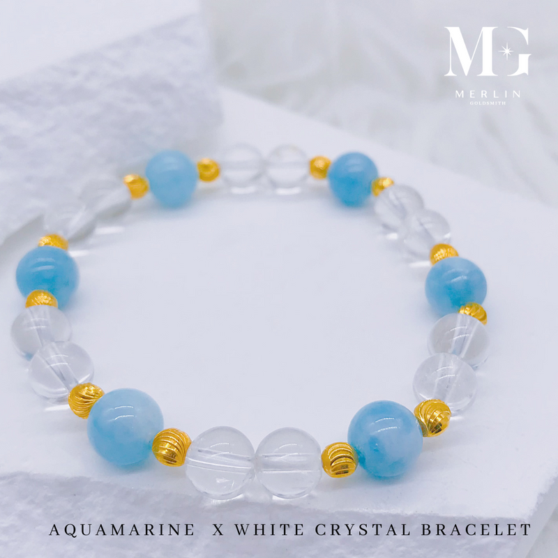 Aquamarine x White Crystal Beads Bracelet With 916 Gold Beads
