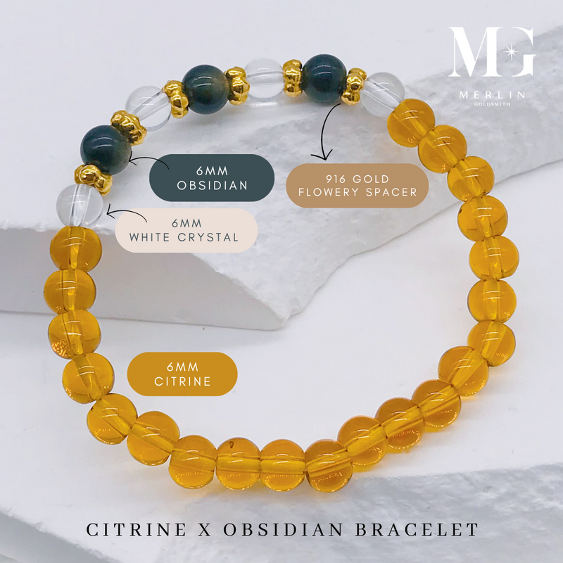 Citrine x Obsidian Beads Bracelet With 916 Gold Flowery Spacers