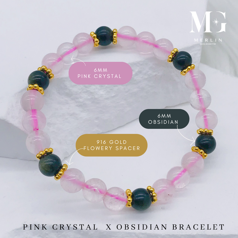 Pink Crystal x Obsidian Beads Bracelet With 916 Gold Flowery Spacers