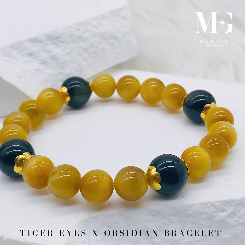 Tiger Eyes x Obsidian Beads Bracelet With 916 Gold Caps