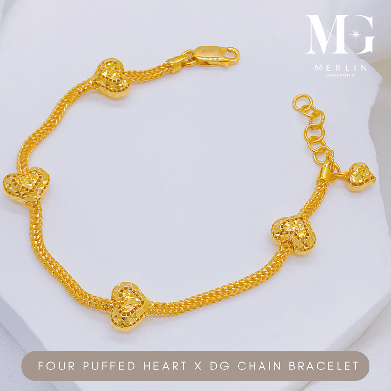 916 Gold Four Puffed Heart x DG Chain Bracelet