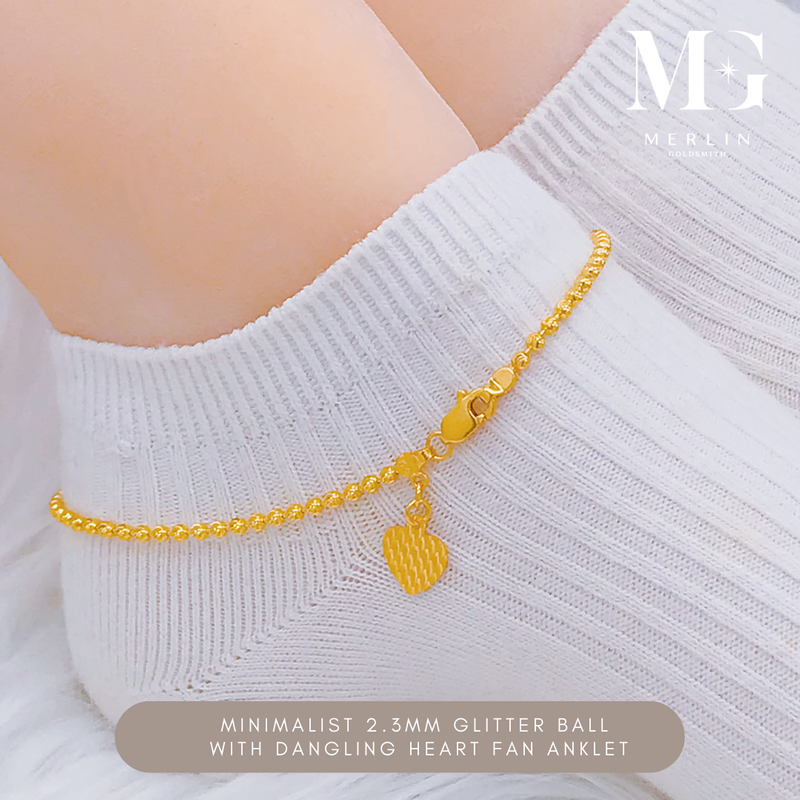 916 Gold Minimalist (2.3mm) Glitter Ball with Dangling Heart Fan Anklet