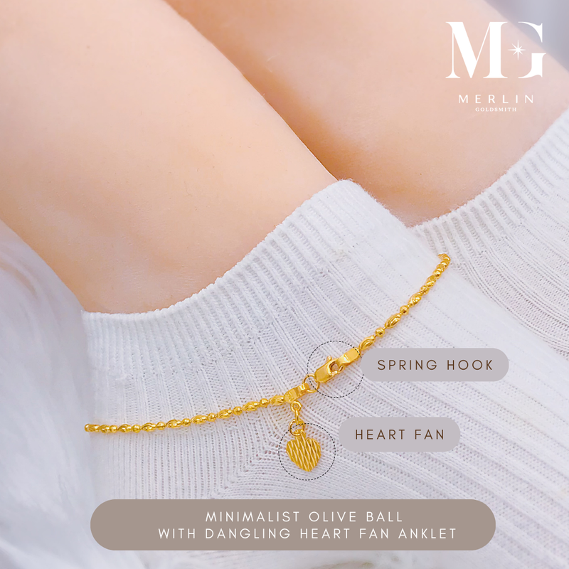 916 Gold Minimalist Olive Ball with Dangling Heart Fan Anklet