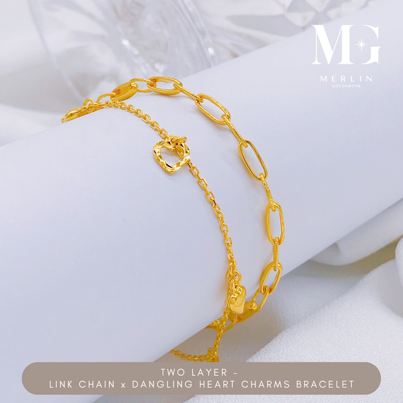 916 Gold Two Layer - Link Chain x Dangling Heart Charms Bracelet