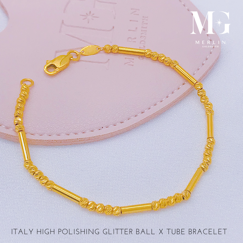 916 Gold Italy High Polishing Glitter Ball x Tube Bracelet