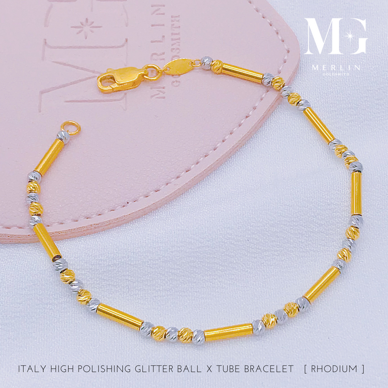 916 Gold Italy High Polishing Glitter Ball x Tube Bracelet (Rhodium)
