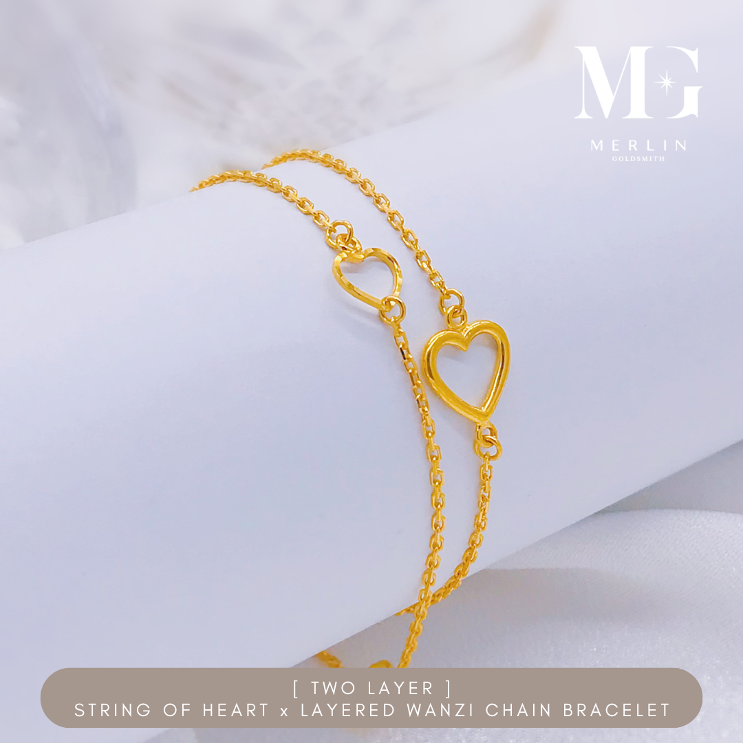 【wingbling】Rising Bracelet 916 Gold Two Layer - String of Heart x Layered Wanzi Chain