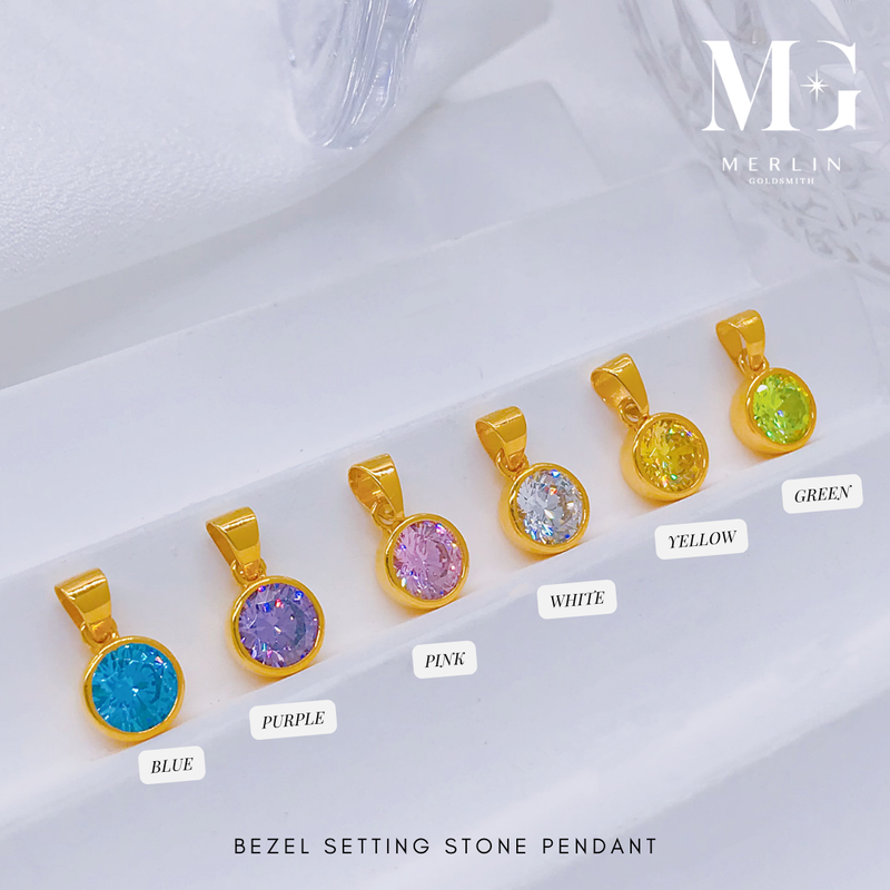 916 Gold Bezel Setting Stone Solitaire Pendant (White / Pink / Yellow / Green / Blue / Purple)