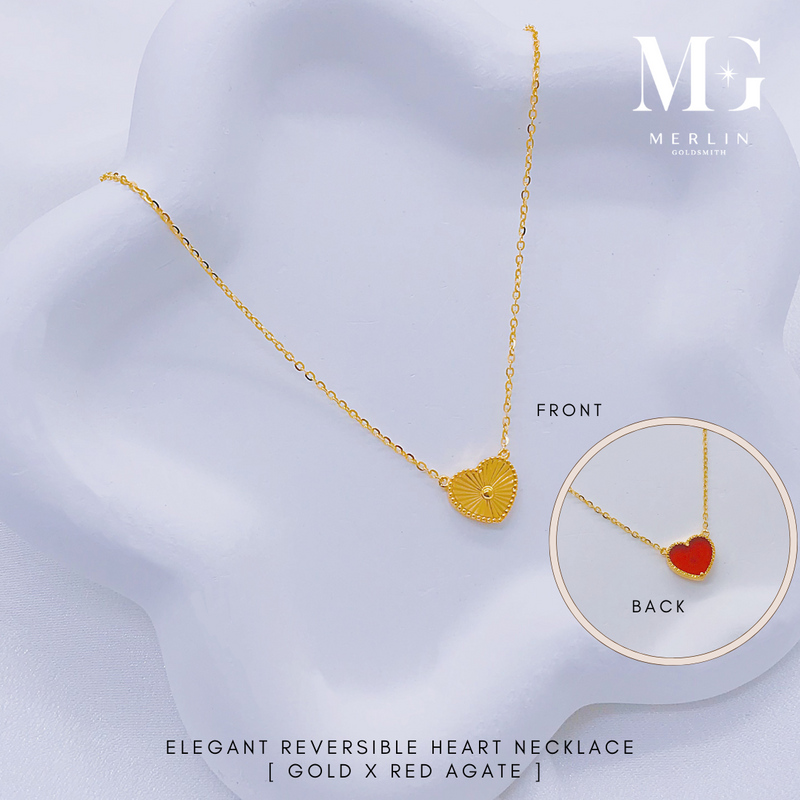 916 Gold Elegant Reversible Heart Necklace [Gold x Red Agate]