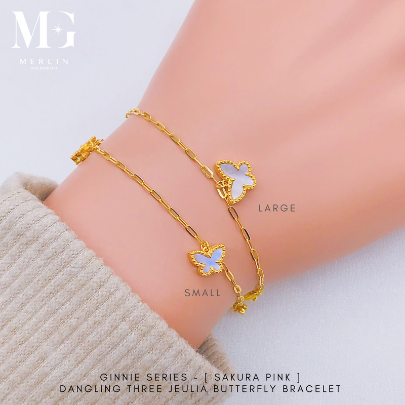 916 Gold Ginnie Series - [Sakura Pink] Dangling Three Jeulia Butterfly Bracelet