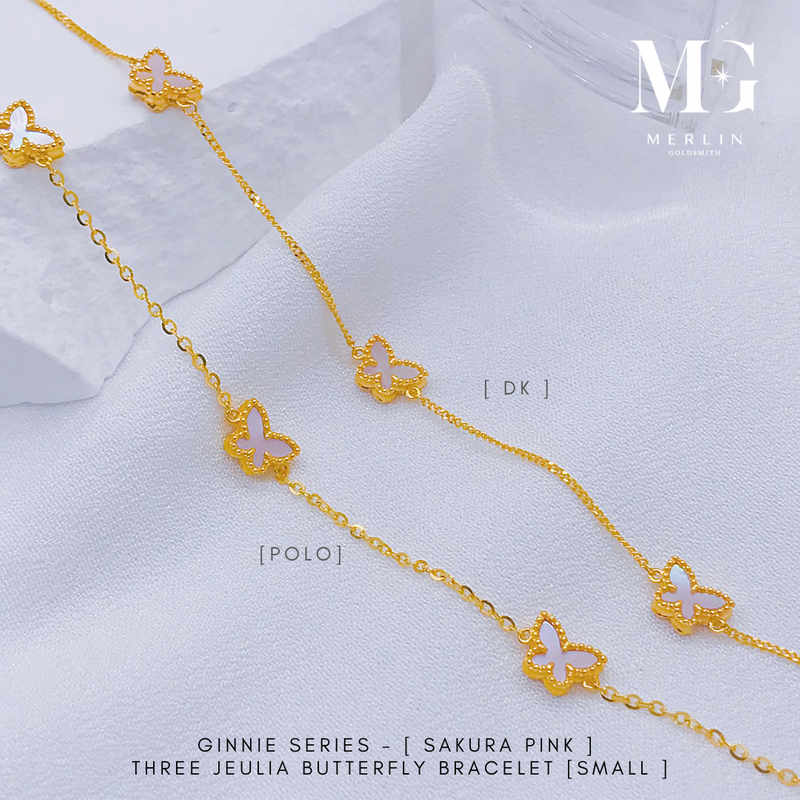916 Gold Ginnie Series - [Sakura Pink] Three Jeulia Butterfly Bracelet (Small)