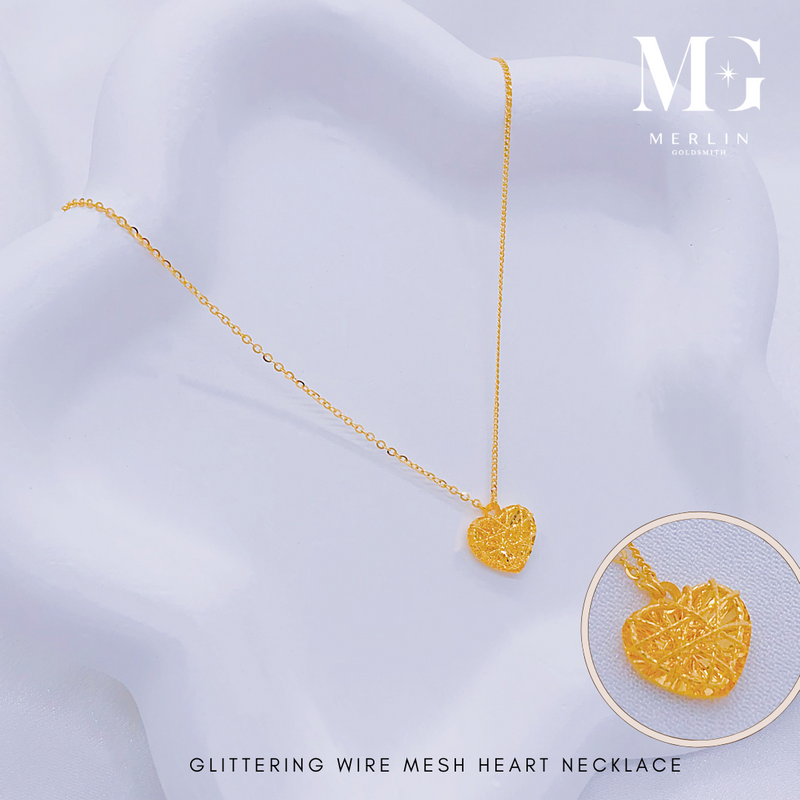 916 Gold Glittering Wire Mesh Heart Necklace