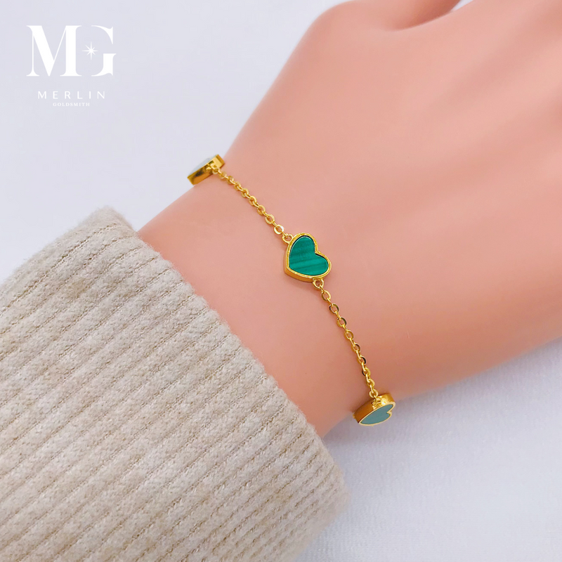 916 Gold [Malachite] Three Luxury Green Jolly Heart Bracelet