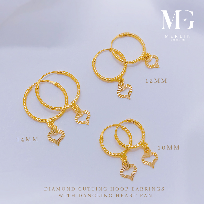 916 Gold Diamond Cutting Hoop Earrings with Dangling Heart Fan