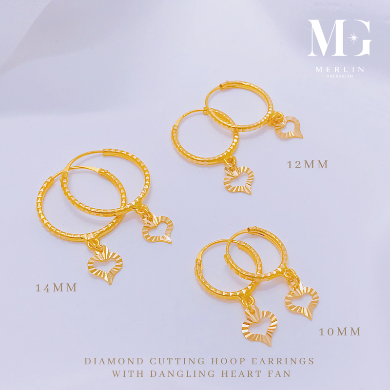 916 Gold Diamond Cutting Hoop Earrings with Dangling Heart Fan