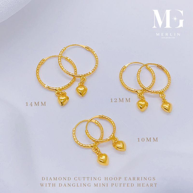 916 Gold Diamond Cutting Hoop Earrings with Dangling Mini Puffed Heart