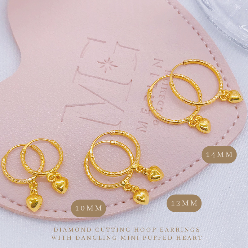 916 Gold Diamond Cutting Hoop Earrings with Dangling Mini Puffed Heart