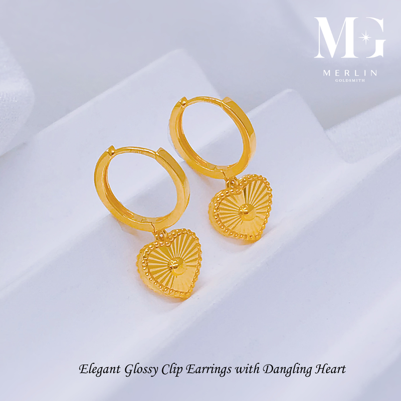 916 Gold Elegant Glossy Clip Earrings with Dangling Heart