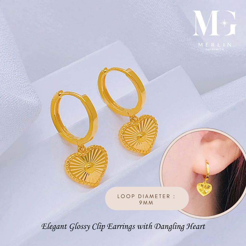 916 Gold Elegant Glossy Clip Earrings with Dangling Heart