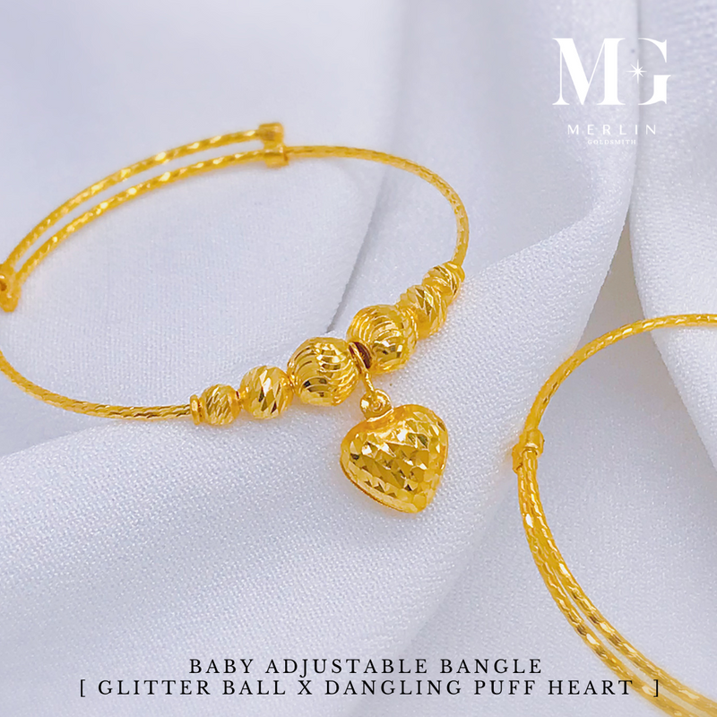 916 Gold Baby Adjustable Bangle (Glitter Ball x Dangling Puff Heart)