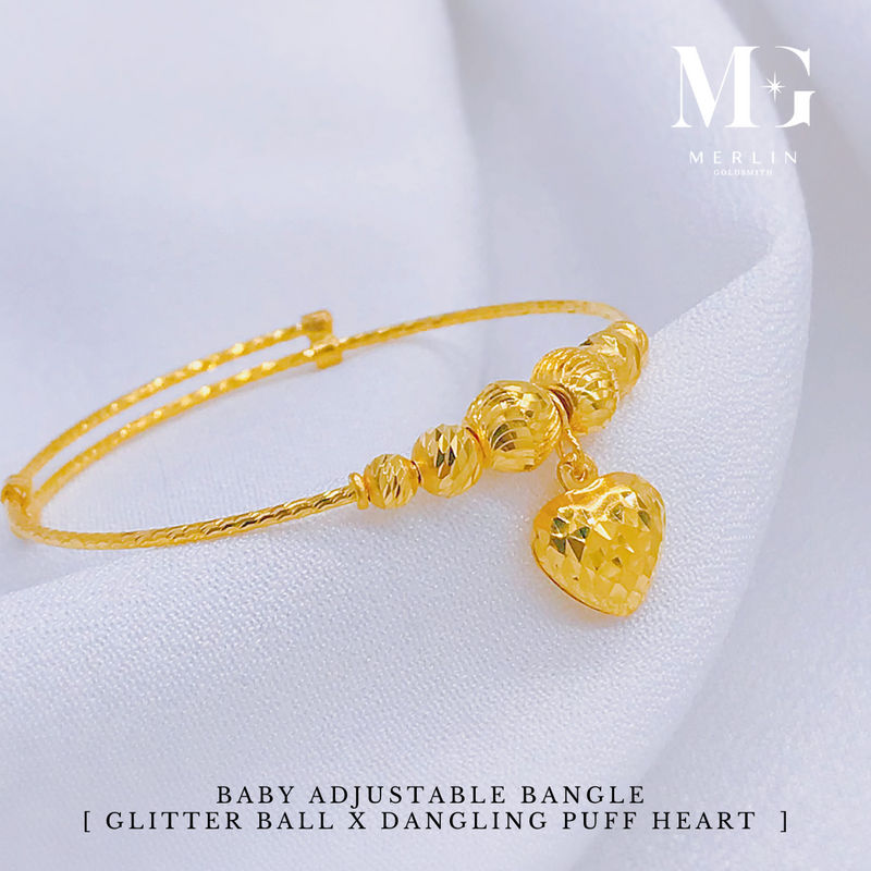 916 Gold Baby Adjustable Bangle (Glitter Ball x Dangling Puff Heart)