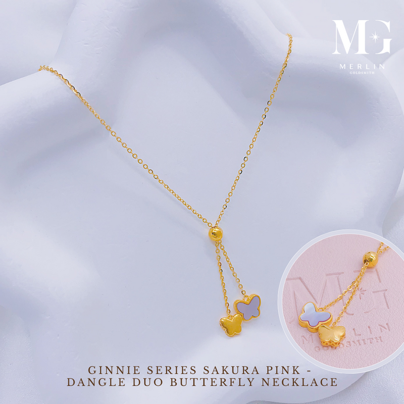 916 Gold Ginnie Series Sakura Pink - Dangle Duo Butterfly Necklace