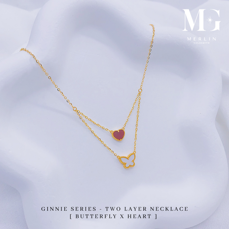 916 Gold Ginnie Series - Two Layer Necklace (Butterfly x Heart)