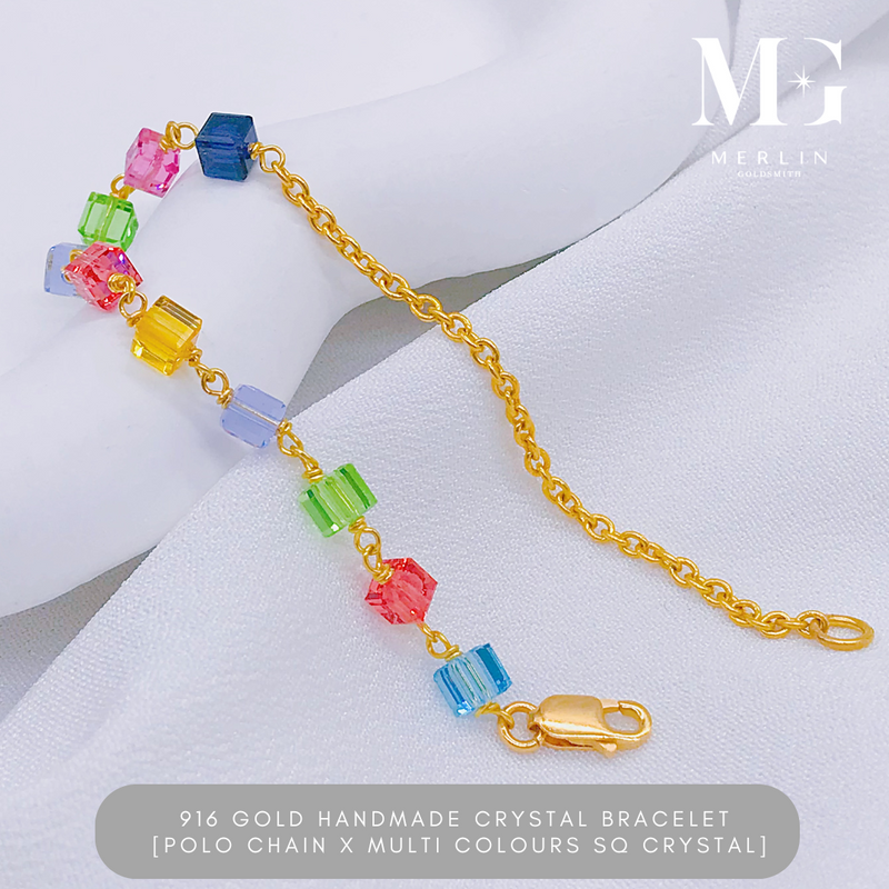 [Limited Edition] 916 Gold Handmade Crystal Bracelet - Polo Chain x Multi Colours SQ Crystal