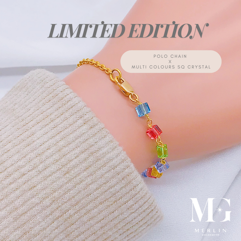 [Limited Edition] 916 Gold Handmade Crystal Bracelet - Polo Chain x Multi Colours SQ Crystal