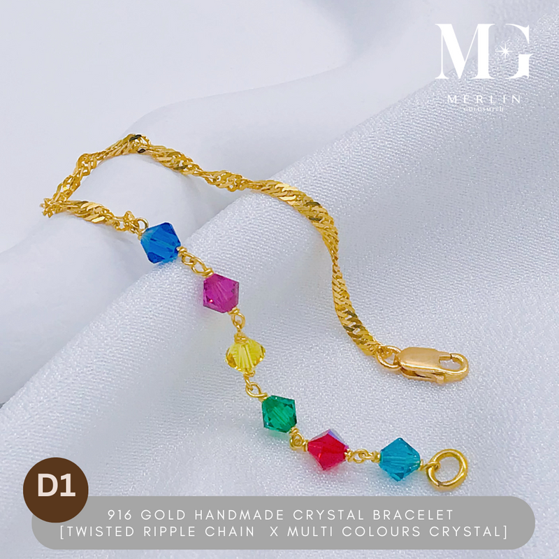 [Limited Edition] 916 Gold Handmade Crystal Bracelet - Twisted Ripple Chain x Multi Colours Crystal