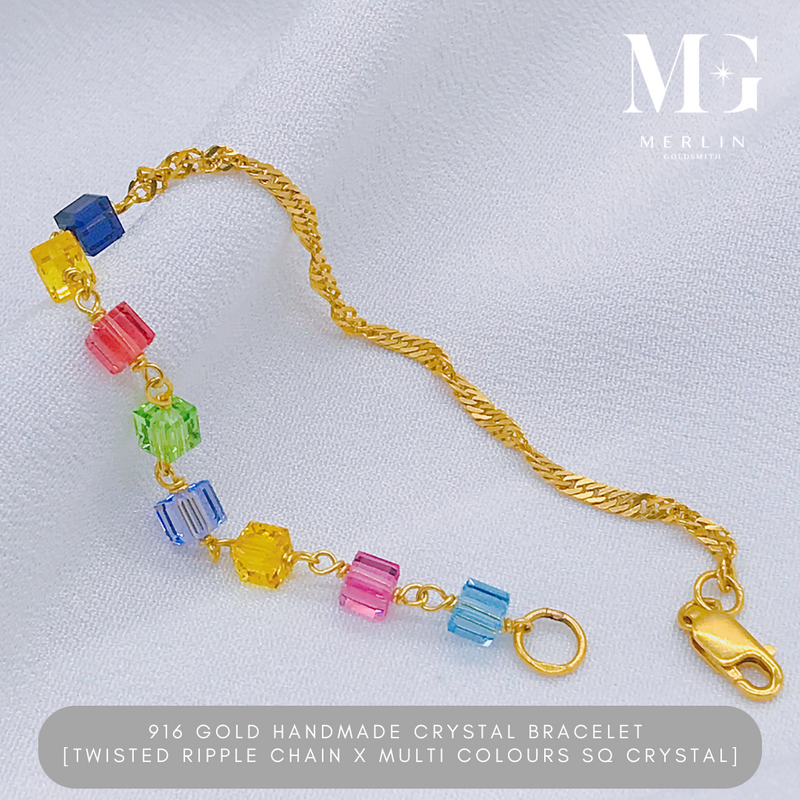 [Limited Edition] 916 Gold Handmade Crystal Bracelet - Twisted Ripple Chain x Multi Colours SQ Crystal