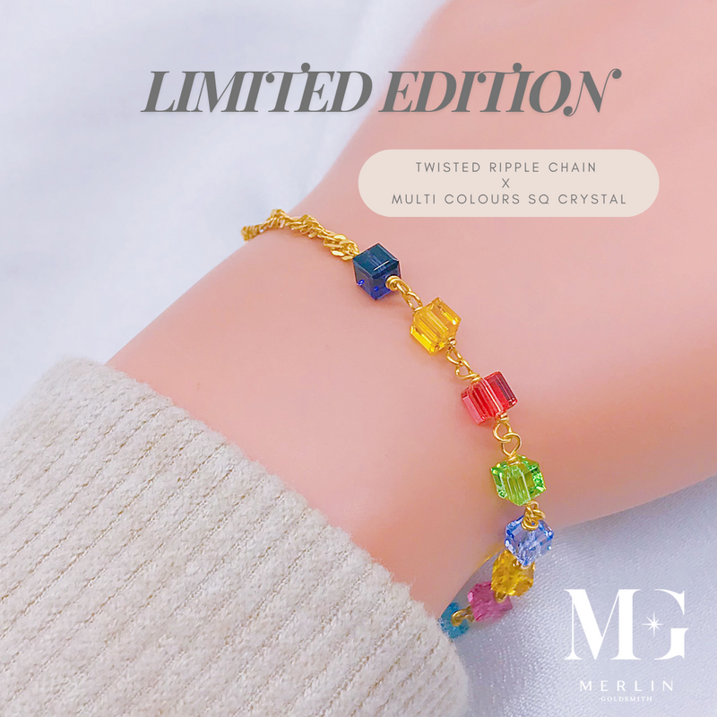 [Limited Edition] 916 Gold Handmade Crystal Bracelet - Twisted Ripple Chain x Multi Colours SQ Crystal