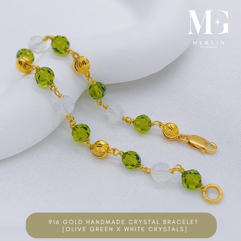 916 Gold Handmade Crystal Bracelet - Two Colour Series (Olive Green x White Crystals)