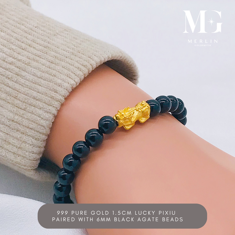 999 24k Pure Gold 1.5cm Lucky Pixiu Paired With 6mm Black Agate Beads Bracelet