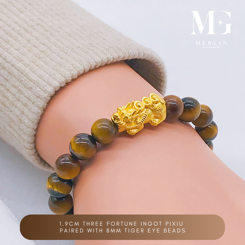 999 24k Pure Gold 1.9cm Three Fortune Ingot Pixiu Paired With 8mm Tiger Eye Beads Bracelet