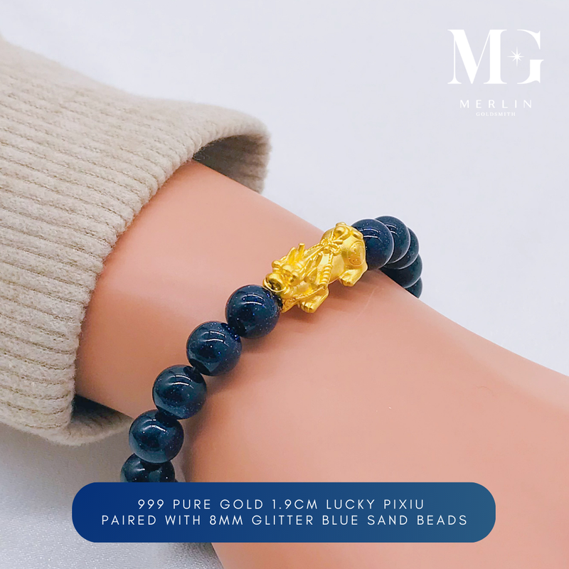 999 24k Pure Gold 1.9cm Lucky Pixiu Paired With 8mm Glitter Blue Sand Beads Bracelet