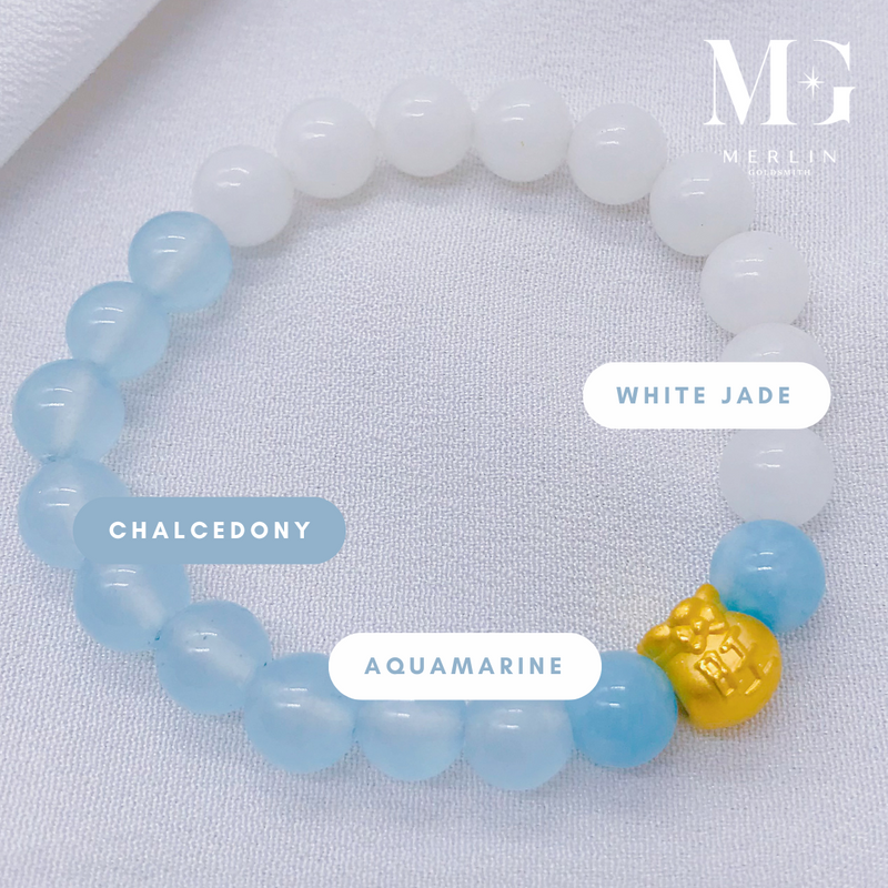 999 24k Pure Gold "ONG" Money Bag Paired With 8mm Chalcedony and 8mm White Jade Beads Bracelet