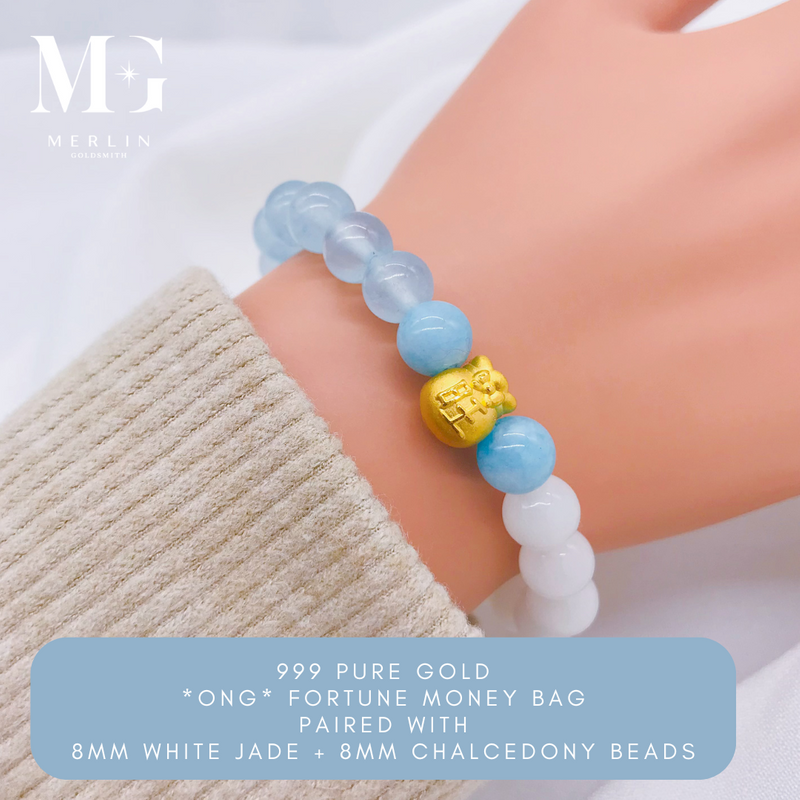 999 24k Pure Gold "ONG" Money Bag Paired With 8mm Chalcedony and 8mm White Jade Beads Bracelet